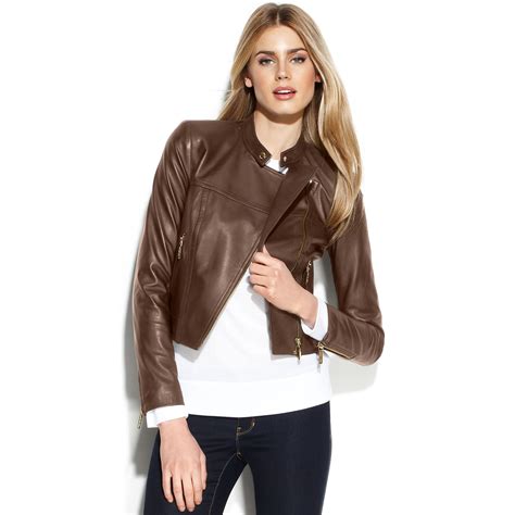 michael kors dark brown short leather jacket|Michael Kors leather jacket women's.